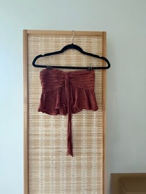 American Eagle Outfitters Rust Red Smocked Tie-Front Crop Top